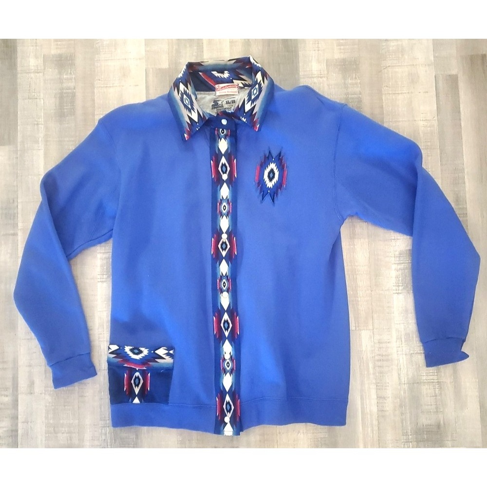 Rare Retro Starter Women's Aztec Sweater Jacket XL size 16/18 Blue‎ Pearl Snap